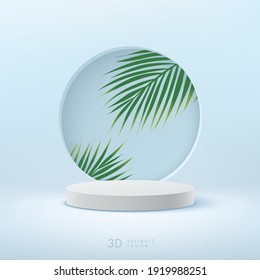 Abstract Vector Rendering 3d Shape For Products Display Presentation. Modern White Cylinder Pedestal Podium With Light Blue Empty Room And Green Coconut Leaf Background. Minimal Scene Studio Room.