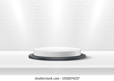 Abstract vector rendering 3d shape for products display presentation. Modern white and black cylinder pedestal podium on the table with brick wall scene background. Minimal scene studio room.