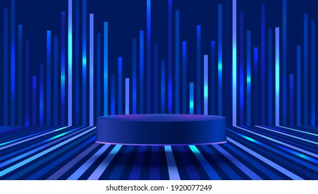 Abstract vector rendering 3d shape for products display presentation. Modern blue cylinder pedestal podium with dark blue empty room and perspective stripes background. Futuristic tech concept.