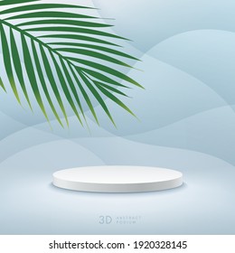 Abstract vector rendering 3d shape for cosmetic products display presentation. Modern white cylinder pedestal podium with light blue empty room and palm leaf decorate. Minimal scene studio room .