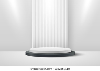 Abstract Vector Rendering 3d Shape For Advertising Products Display With Copy Space. Modern White And Black Round Podium With White Empty Room And Spot Light Background. Minimal Studio Room Concept.