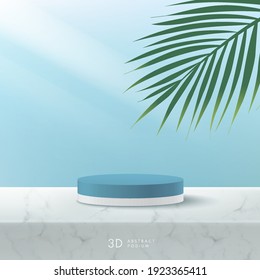 Abstract vector rendering 3D shape for advertising product display with copy space. Modern white, blue cylinder podium with pastel empty room and marble pattern, green coconut leaf background.