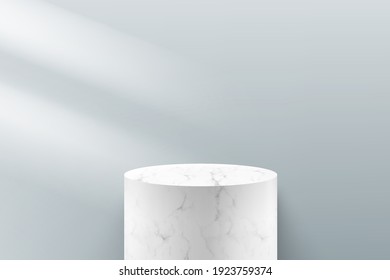 Abstract vector rendering 3d shape for advertising product display with copy space. Modern white marble texture cylinder podium with grey empty room background. Minimal scene studio room concept.