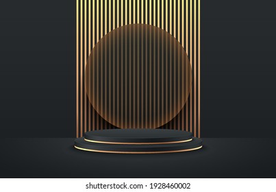 Abstract vector rendering 3d shape for advertising products display. Modern black and gold cylinder podium with transparent glass and vertical golden stripes background. Minimal scene studio room.