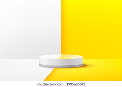 Abstract vector rendering 3d shape for advertising product display presentation. Modern white cylinder pedestal podium in white and yellow wall scene background. Pastel minimal studio room.