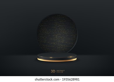 Abstract vector rendering 3d shape for advertising products display presentation. Luxury black and gold cylinder podium with dark empty room and golden glitter texture background. Minimal scene room.