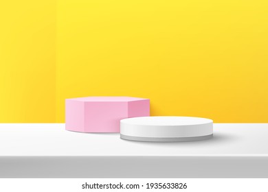 Abstract vector rendering 3d shape for advertising product display with copy space. Modern white and pink geometric podium with white and yellow empty room background. Minimal studio room concept.