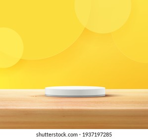 Abstract vector rendering 3d shape for advertising product display presentation. Modern white cylinder pedestal podium ,Yellow empty room, Circle decorate backdrop. Studio room minimal wall scene.