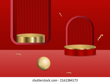 Abstract vector rendering 3d shape for placing the product with copy space. Modern red and gold round podium with geometric background. Vector illustration