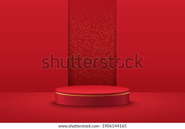 Abstract vector rendering 3d shape for\
placing the product with copy space. Modern red and gold round\
podium with geometric background. Vector\
illustration