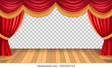 Abstract vector rendering red theater stage curtain and Wooden theater stage.spotlights and Movie night or showtime.Isolated on transparent