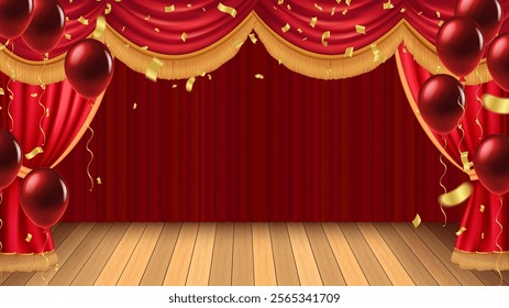 Abstract vector rendering theater stage curtain and Wooden theater stage.spotlights and Movie night or showtime