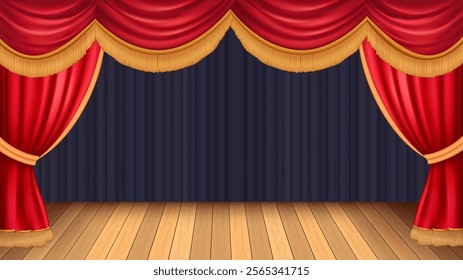 Abstract vector rendering theater stage curtain and Wooden theater stage.spotlights and Movie night or showtime