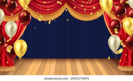 Abstract vector rendering theater stage curtain and Wooden theater stage.spotlights and Luxurious red and gold balloons Movie night or showtime