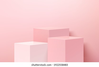 Resumen de la forma 3d de representación vectorial para productos publicitarios que se muestran con espacio de copia. Moderno podio de cubos rosa y blanco claro con fondo de habitación en tonos pastel. El concepto de sala de estudio de escena es mínimo.