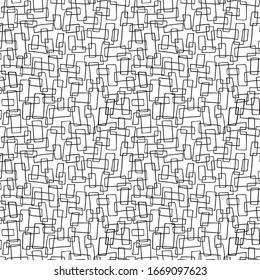 Abstract vector repeat pattern with black intersecting hand drawn rectangles on white background.