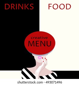 Abstract vector restaurant menu design, text  food and drinks, cool fashion sexy girl , background white red black, pattern prints