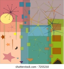Abstract vector retro art of an industrial city under different elements of nature.