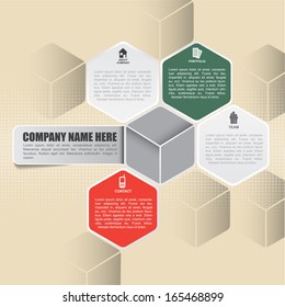 Abstract vector retro infographic background with icons about company, portfolio, team, contact and place for content