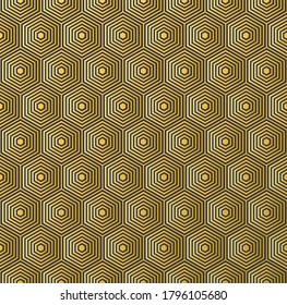 Resumen vector retro líneas de oro de lujo y hexágono negro formas geométricas fondo de patrón sin fisuras.