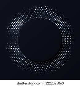 Abstract vector retro silver glitter halftone ornament on black background with black 3d circle. Template luxury background with white stamped dotted pattern. Vintage cover decorative design element.