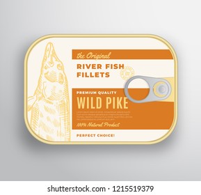 Abstract Vector River Fish Fillets Aluminium Container with Label Cover. Premium Canned Packaging Design. Retro Typography and Hand Drawn Pike Silhouette Background Layout. Isolated.
