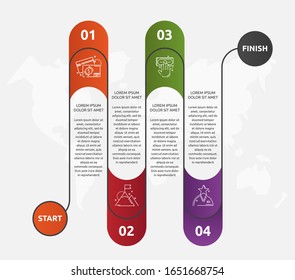 Infografía de la línea de tiempo de la ruta vector abstracta. Ilustración vectorial con 4 etiquetas. Cuatro pasos para contenido, diagrama de flujo, escala de tiempo, niveles. Ruta paso a paso