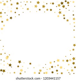 abstract vector round background with gold star elements. Glitter confetti circle, magic shining sparkles design. Decorative ring pattern on white with golden night sky objects. Frame for text.