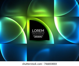 Banner redondo vector abstracto, elementos redondos brillantes, fondo abstracto de forma geométrica, colores verde y azul