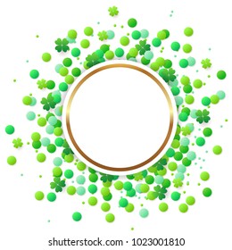 Abstract vector round banner with green confetti and clover leaves on a white background. Design for St. Patrick's Day
