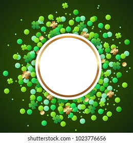 Abstract vector round banner with green confetti and clover leaves. Design for St. Patrick's Day
