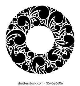 Abstract vector round black and white curly frame. Ornate floral border for background.