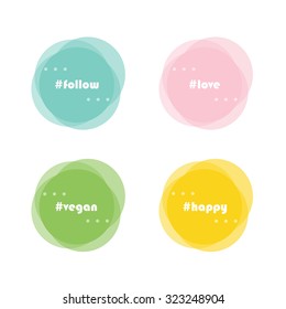 Elementos de diseño circular de vector abstracto. Pancarta de diseño plano con la etiqueta: seguir,
amor, vegano, feliz.