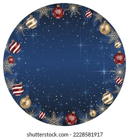 Abstract Vector Round Frame Illustration With Christmas Balls And Luminous Blue Background Isolated On A White Background.