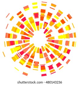 Abstract vector round object blown to many small polygonal pieces. Colorful concentric polygons. Abstract image of sun. Red, crimson, orange, yellow polygons on white background.