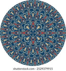 Abstract vector round shape of stripes of blue, red, yellow tones that make up the pattern for websites, textiles, postcards, invitations, print.