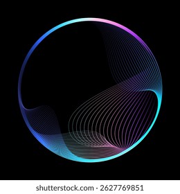 Vetor abstrato forma redonda de linhas onduladas fluindo suave curva luz de espectro colorida em fundo preto no conceito de tecnologia, ciência, música, moderno.
