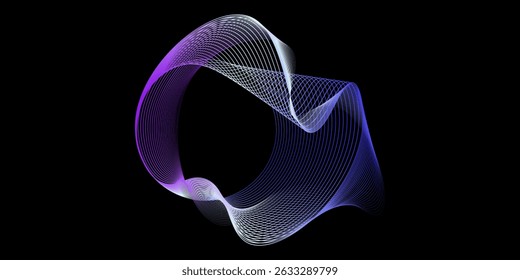 Abstract vector round shape of wavy lines flowing smooth curve colorful spectrum light on black background in concept of technology, science, music, modern.