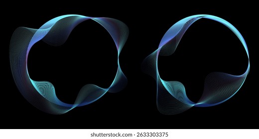 Abstract vector round shape of wavy lines flowing smooth curve colorful spectrum light on black background in concept of technology, science, music, modern.
