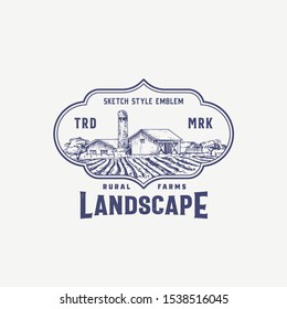 Abstract Vector Rural Farm Sign, Badge or Logo Template. Rustic Landscape Sketch in a Frame with Retro Typography. Fields, Bard and Other Countryside Buildings Vintage Emblem. Isolated.