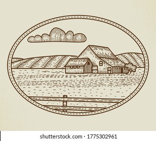 Abstract Vector Rural Farm Sign, Badge or Logo Template. Rustic Landscape Sketch in a Frame with Retro Typography. Fields, Bard and Other Countryside Buildings Vintage Emblem. Isolated