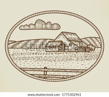 Abstract Vector Rural Farm Sign, Badge or Logo Template. Rustic Landscape Sketch in a Frame with Retro Typography. Fields, Bard and Other Countryside Buildings Vintage Emblem. Isolated