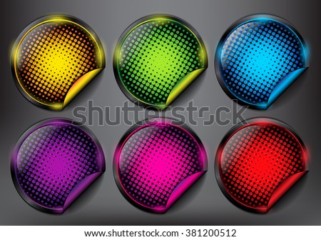 Abstract vector sale stickers with halftone design elements. Isolated on the black panel. Vector illustration. Eps10.