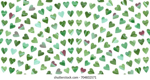 Abstract vector scaly seamless pattern from green leaves and hearts with hand painted brush stroke texture on a white background. Floor tile, wallpaper, wrapping paper, spring and summer page fill 