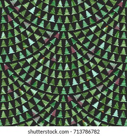 Abstract vector scaly seamless pattern from green fir trees with hand painted brush stroke texture on a black background.Floor tile, wallpaper, Christmas and New Year holiday wrapping paper,page fill 