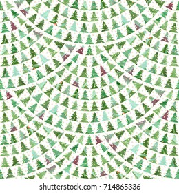 Abstract vector scaly seamless pattern from green fir trees with hand painted brush stroke texture on a white background with gold stars.Batik wallpaper, Christmas and New Year holiday wrapping paper 