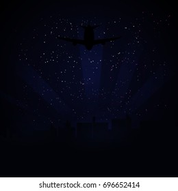 abstract vector scene of airplane head to landing in the cityscape in night sky
