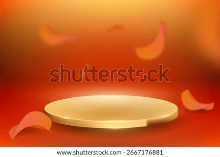 Abstract vector scene with gold geometric shape and flying autumn leaves. Cylindrical podium on a orange fall background and red leaves. Product presentation. Layout, podium platform pedestal autumn