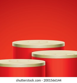 Escena vector abstracta de los soportes de visualización de color rojo con cubiertas de madera.