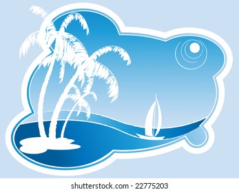 abstract vector scene with sailing boat and palm trees